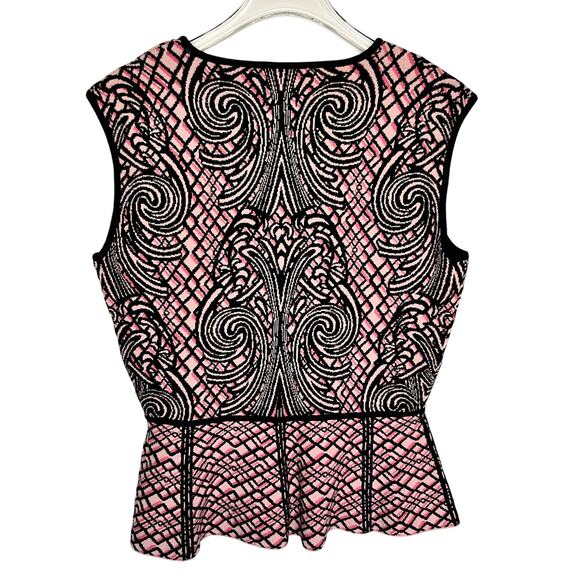 BCBGMaxAzria Baroque Jacquard Black & Pink Knit Peplum Top Medium - Picture 2 of 4